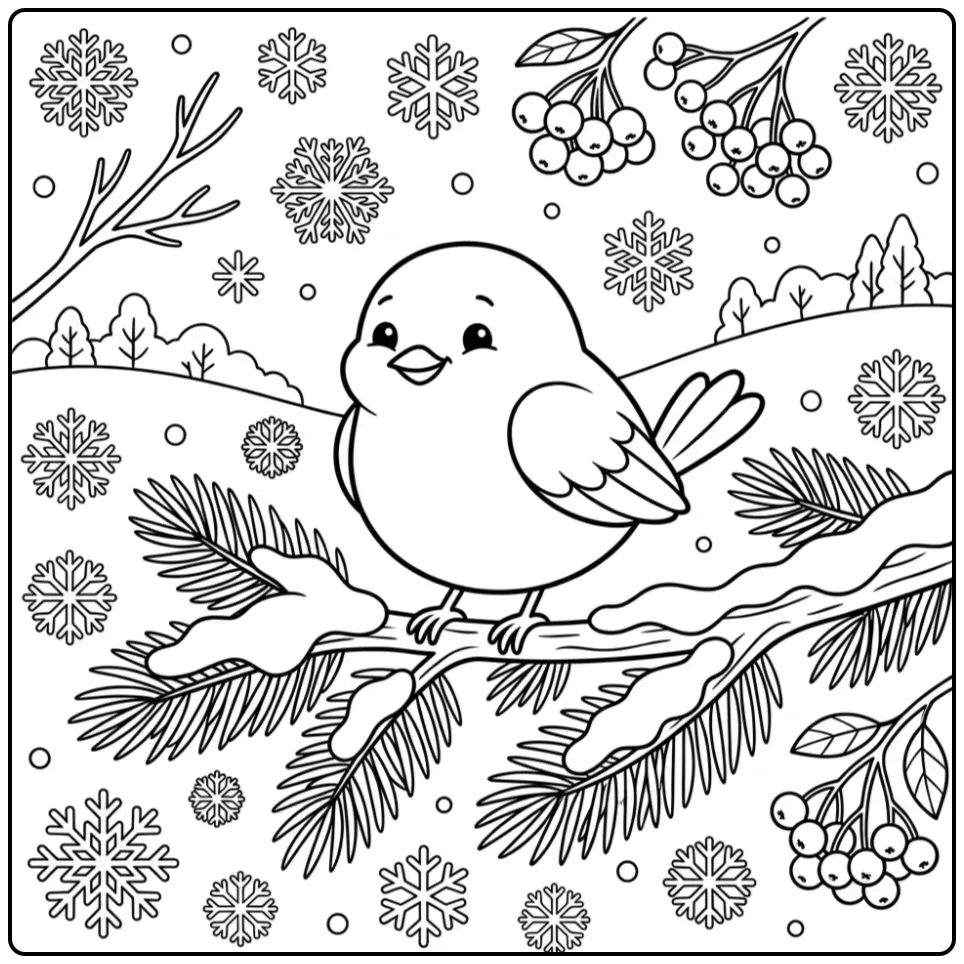 Cute Birds in the Winter on a Branch coloring page