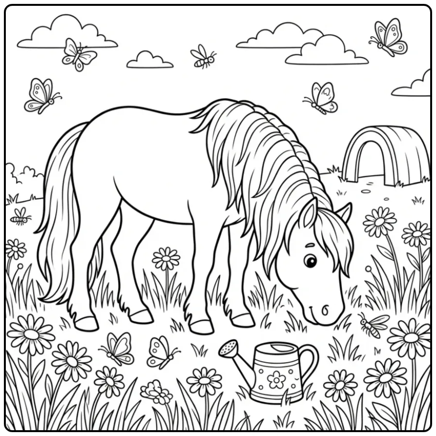 Cute Friesian Horse in the Meadow coloring page