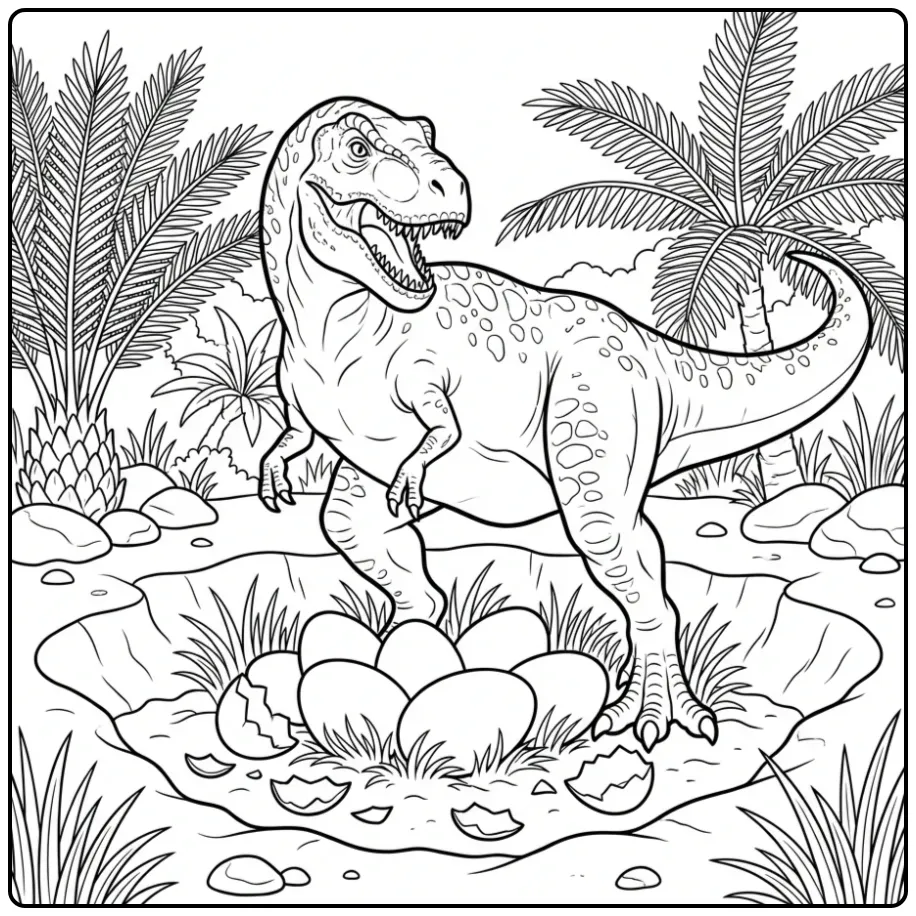 T. Rex coloring page of a dinosaur guarding eggs in a nest