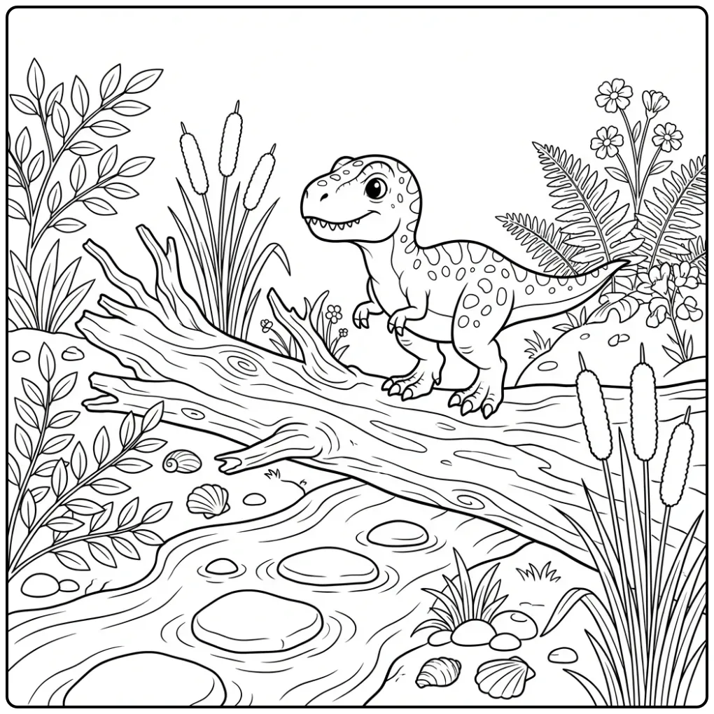 Cute baby T. Rex coloring page by a log bridge