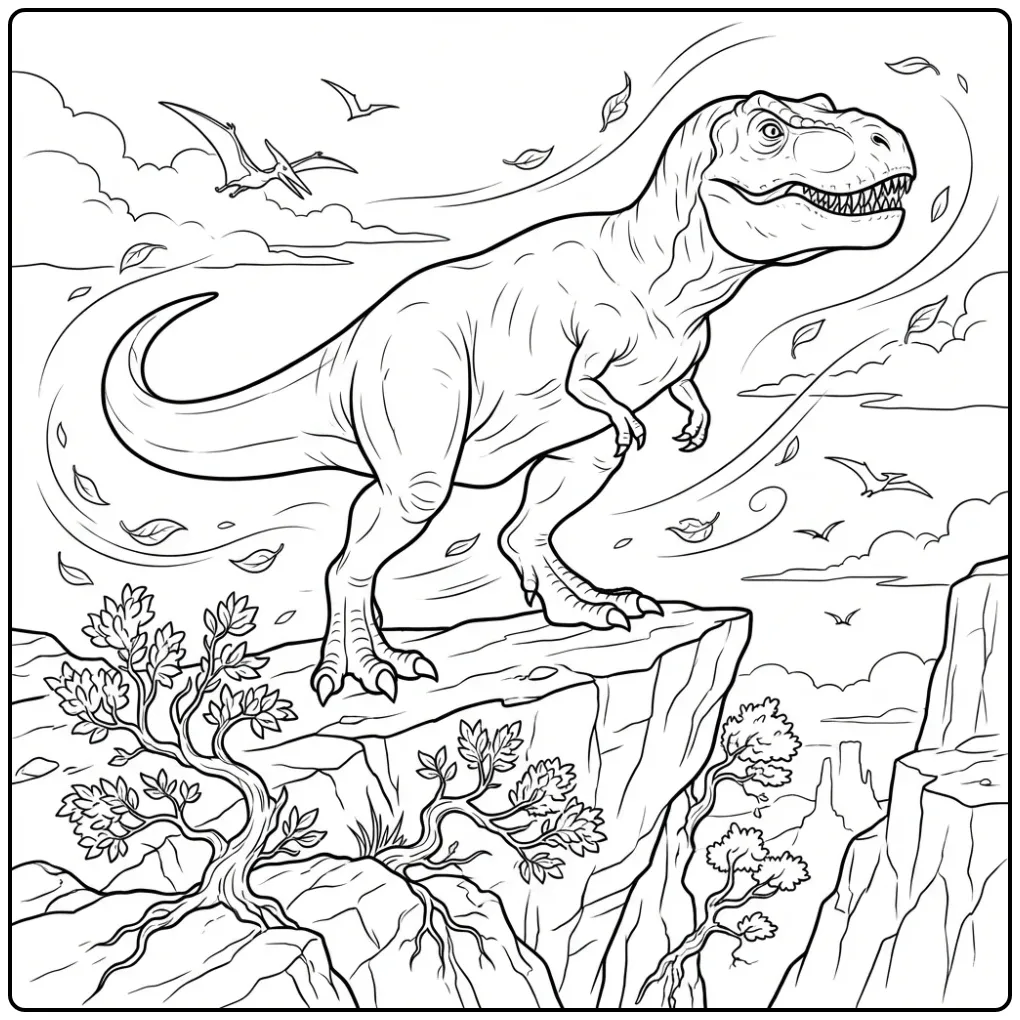 Realistic T. Rex coloring page on a windy cliff edge