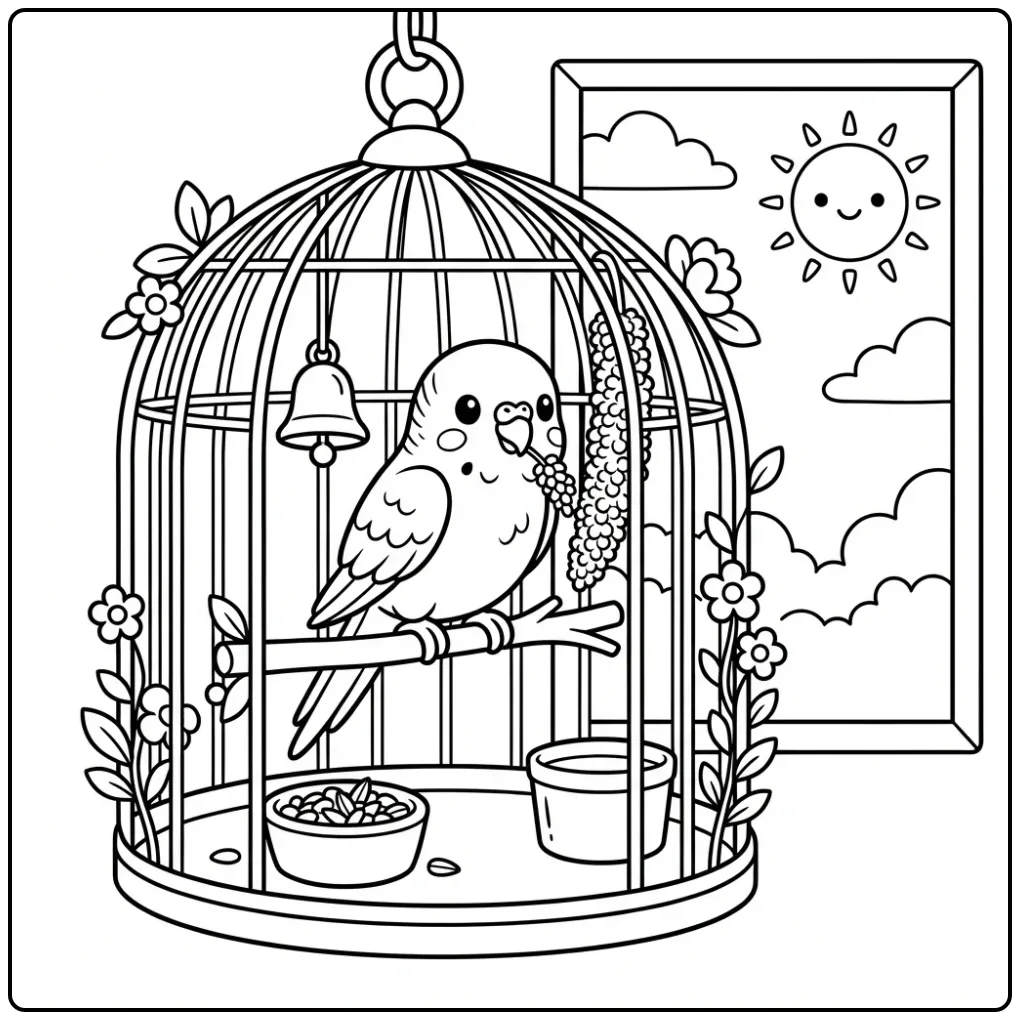 Simple Bird Parakeet in a Cage coloring page