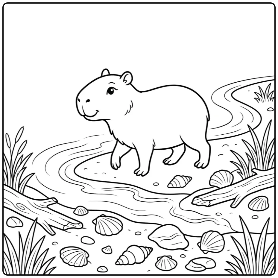 Cute capybara coloring page showing a capybara by the river