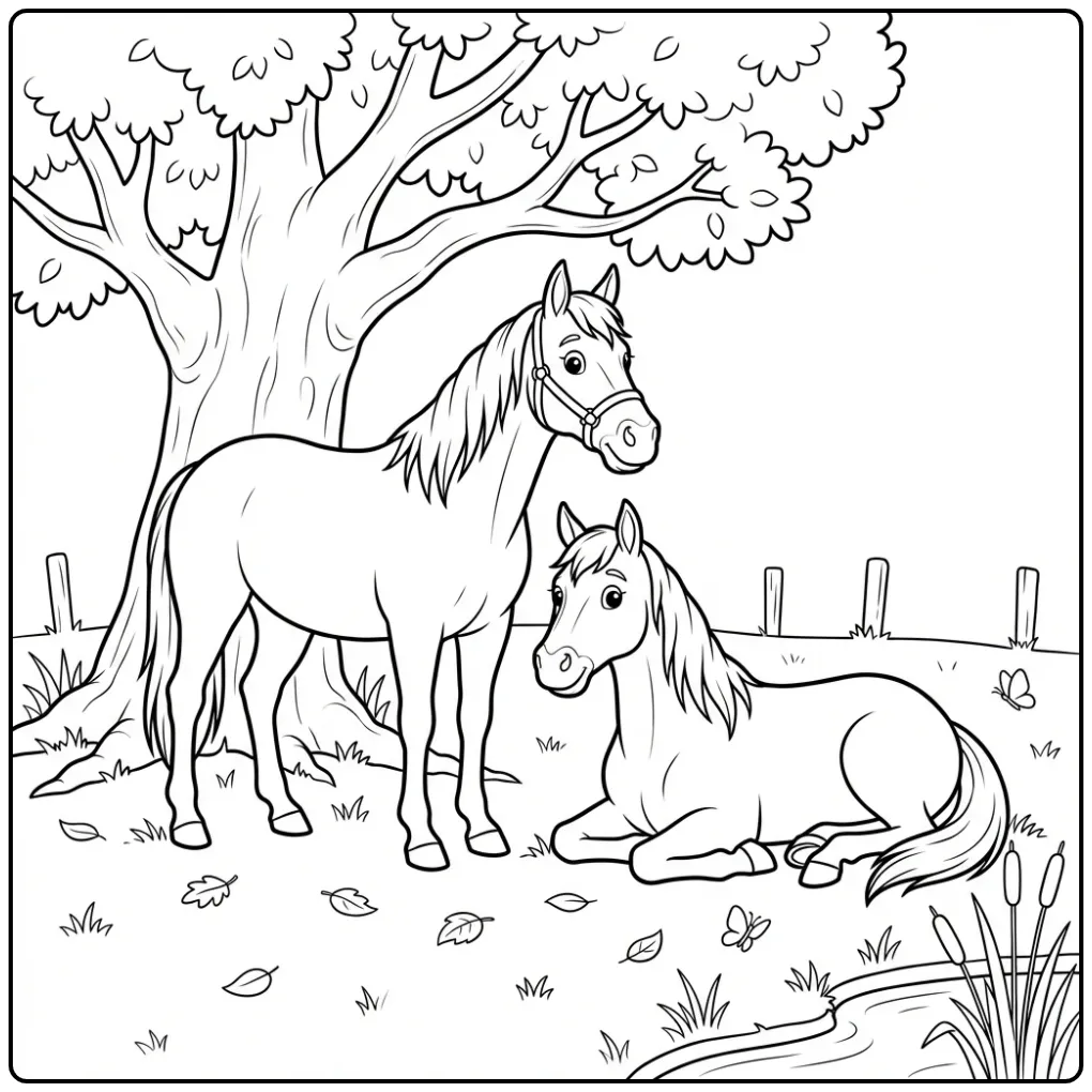 Horse coloring page with two horses under a tree
