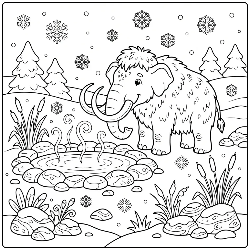 Cheerful Mammoth in a Winter Landscape coloring page