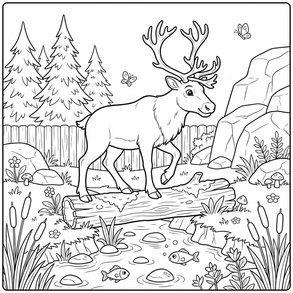Reindeer coloring page showing a reindeer walking over a log
