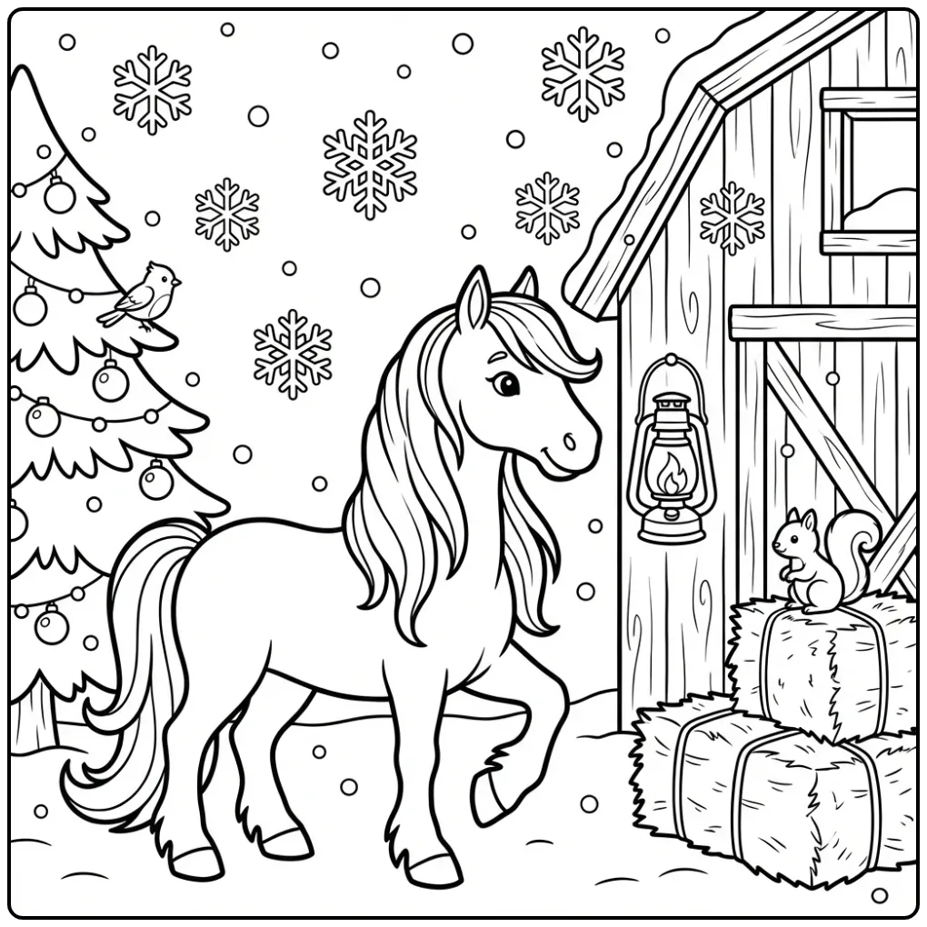 Friesian horse coloring page with snow and hay
