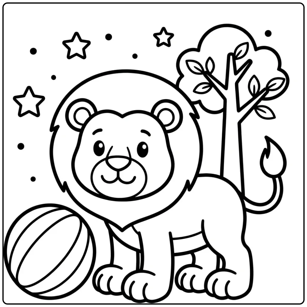 Toddler lion coloring page with a ball and tree