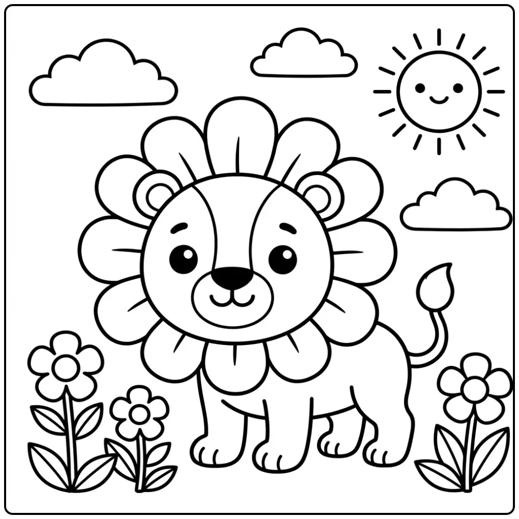 Toddler lion coloring page with flowers and sun