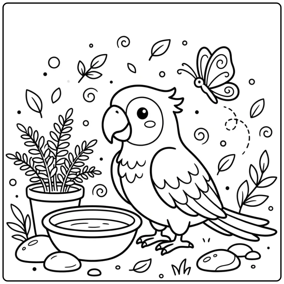 Simple Parrot for Toddlers with Butterfly coloring page