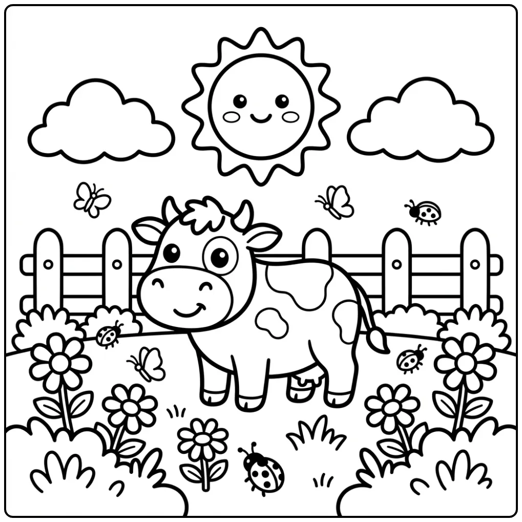 Simple Toddler Cow in the Meadow coloring page