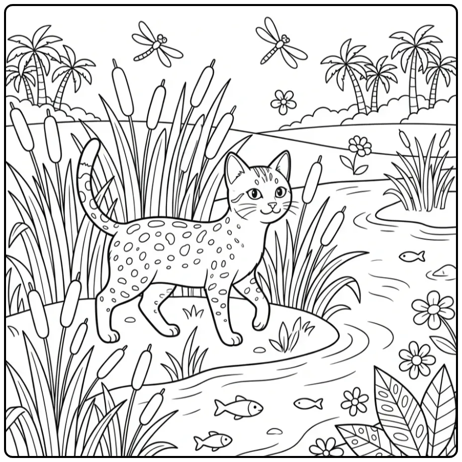 Fun Egyptian Mau Cat by the Water coloring page