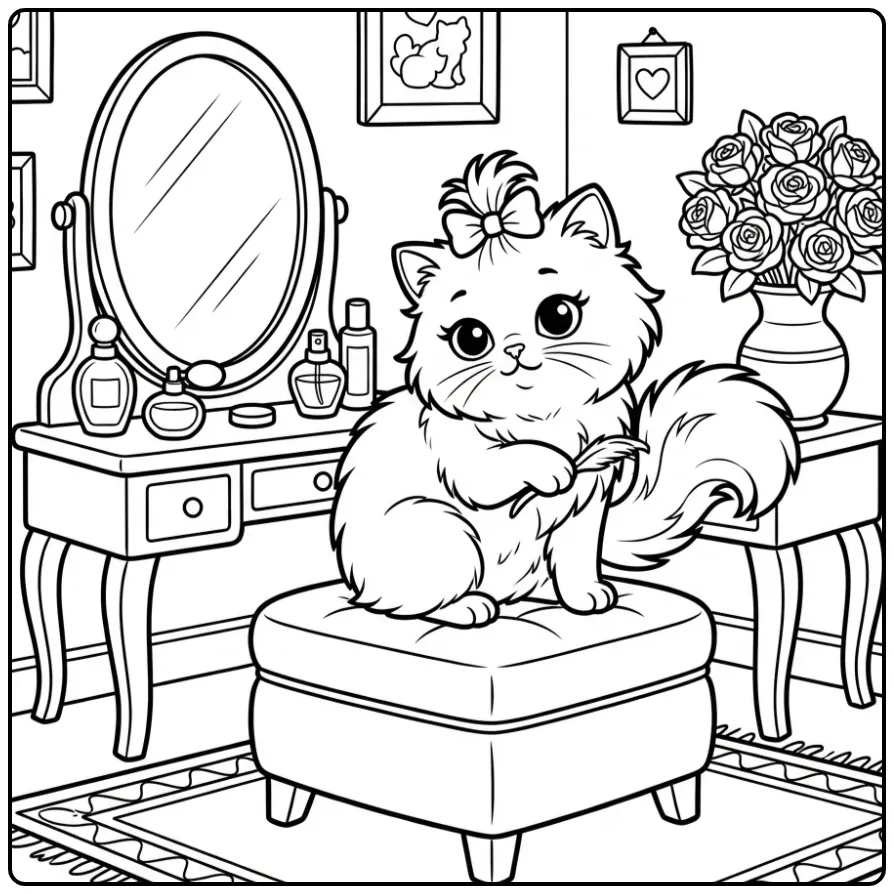Elegant Persian Cat with Mirror and Roses coloring page