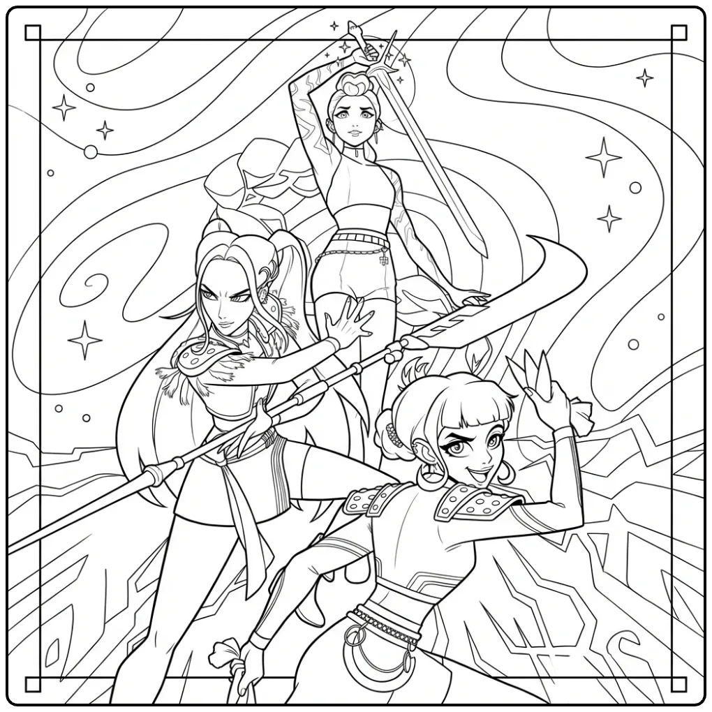 Epic KPop Demon Hunters in Action coloring page