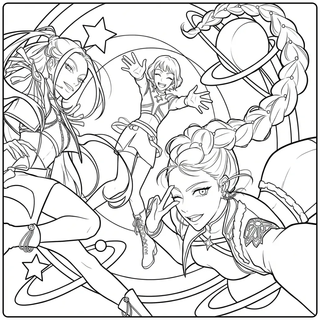 Epic KPop Demon Hunters in Space coloring page