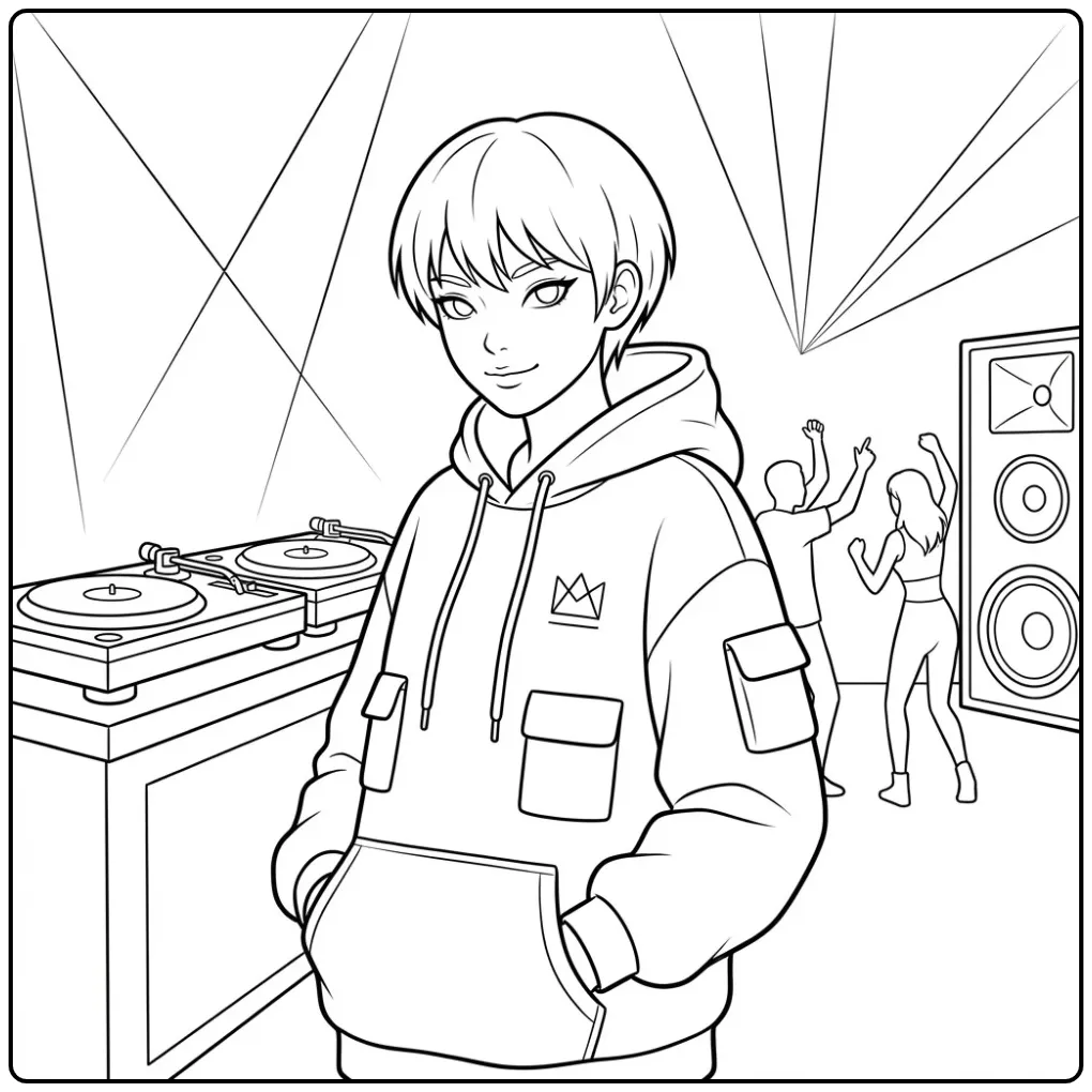 Festive DJ KPop Demon Hunters Baby Saja coloring page