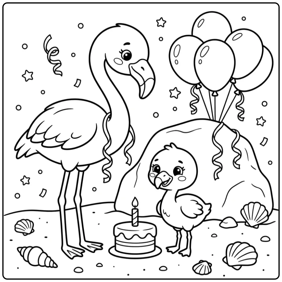 Festive Flamingo Birthday for Children coloring page