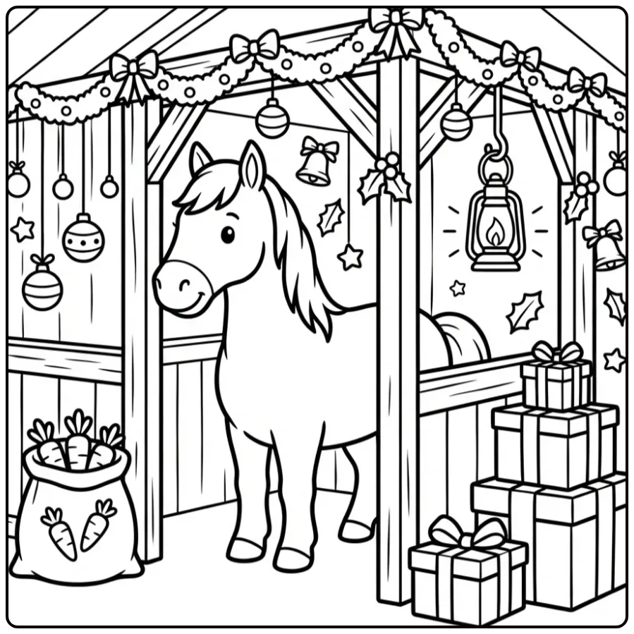 Festive Christmas Horse in the Stable coloring page