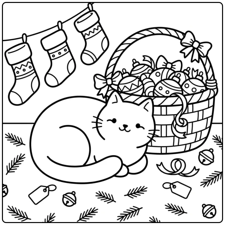 Festive Christmas Cat in a Basket with Decorations coloring page