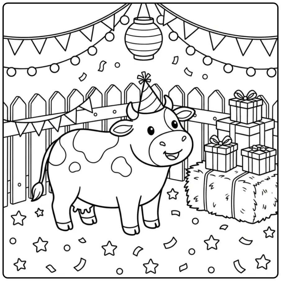 Festive Cow Birthday on the Farm coloring page