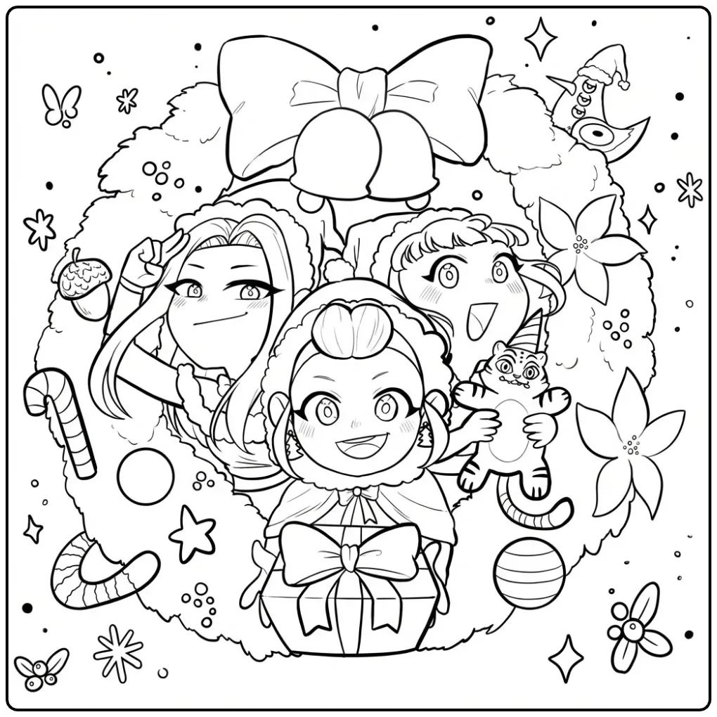 Festive KPop Demon Hunters Wreath coloring page