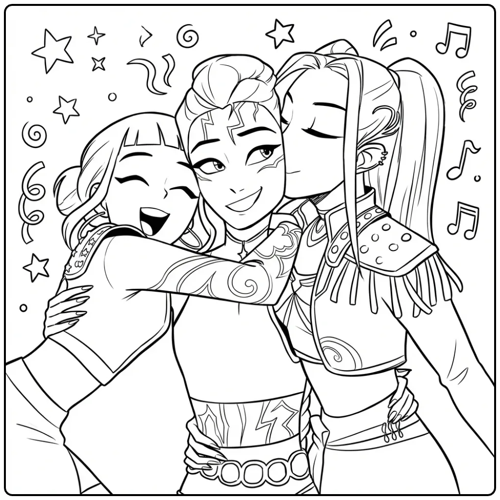 KPop Demon Hunters coloring page with three girls celebrating
