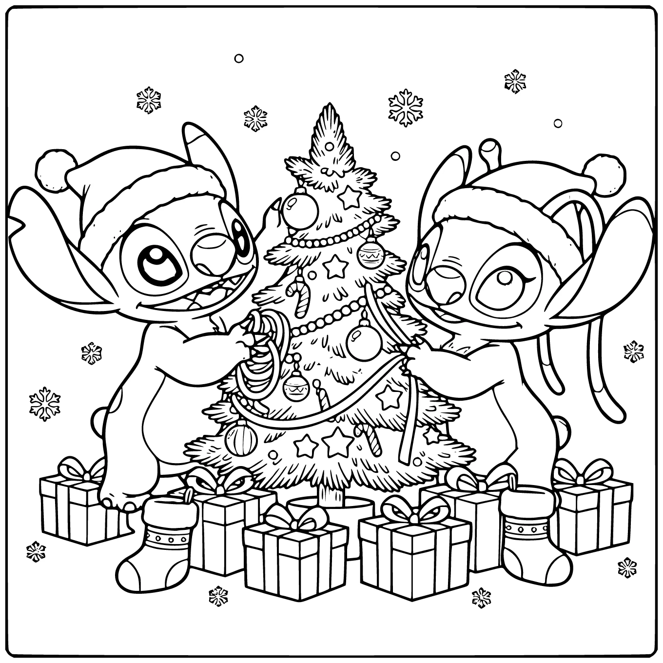 Festive Stitch and Angel Christmas Together coloring page
