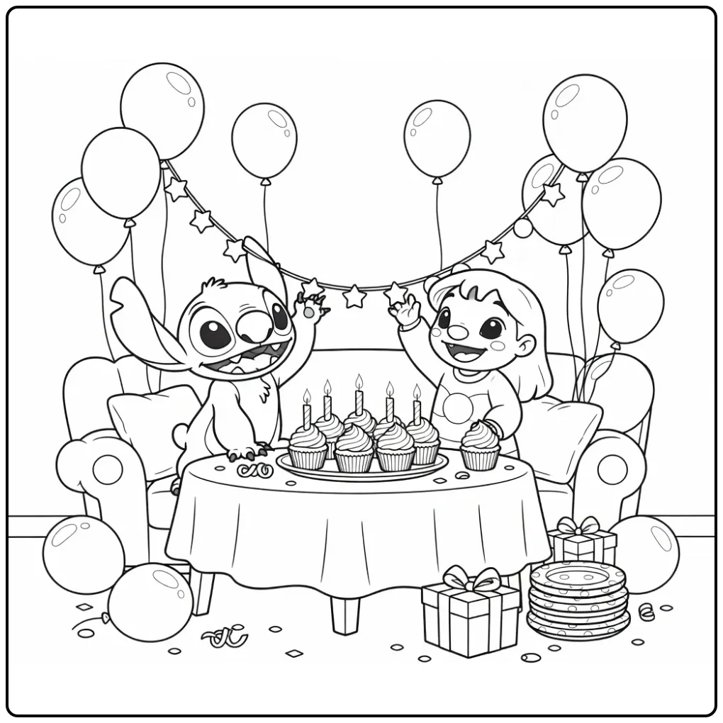 Festive Stitch Birthday Together with Lilo coloring page