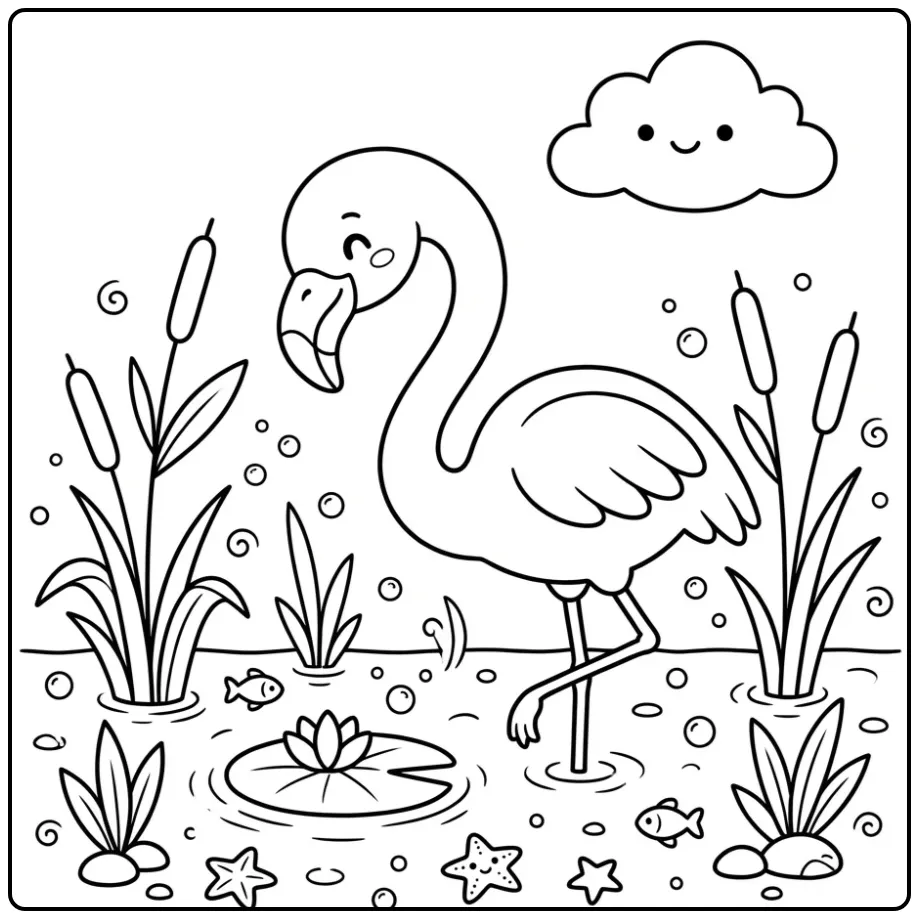 Easy Flamingo with Reeds and a Small Cloud coloring page