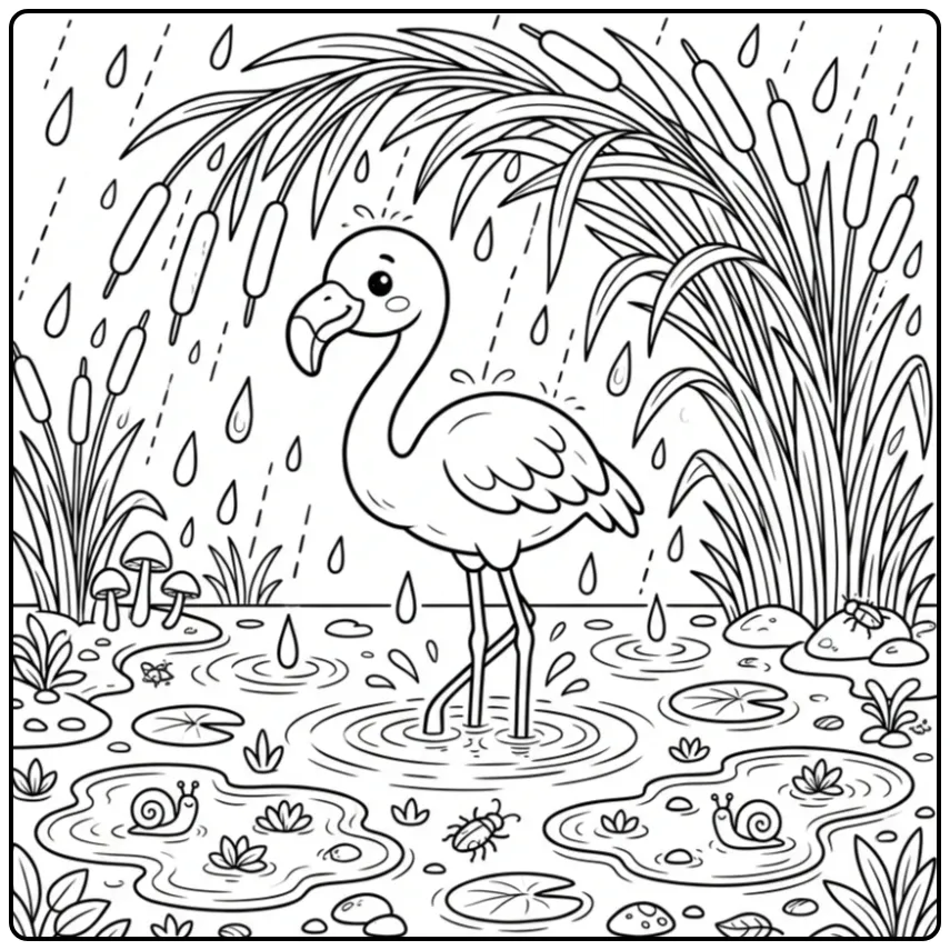 Flamingo with Snails and Water Drops coloring page