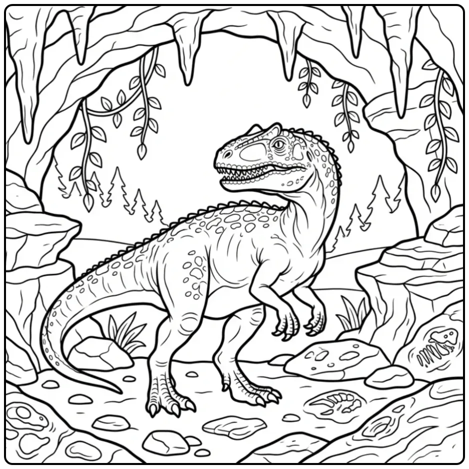 Realistic Allosaurus coloring page in a mysterious cave