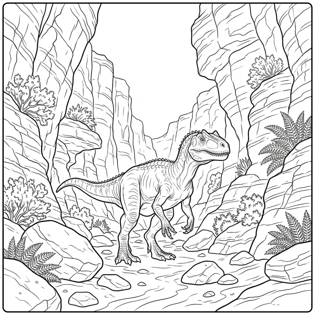 Realistic Allosaurus coloring page in a narrow stone canyon