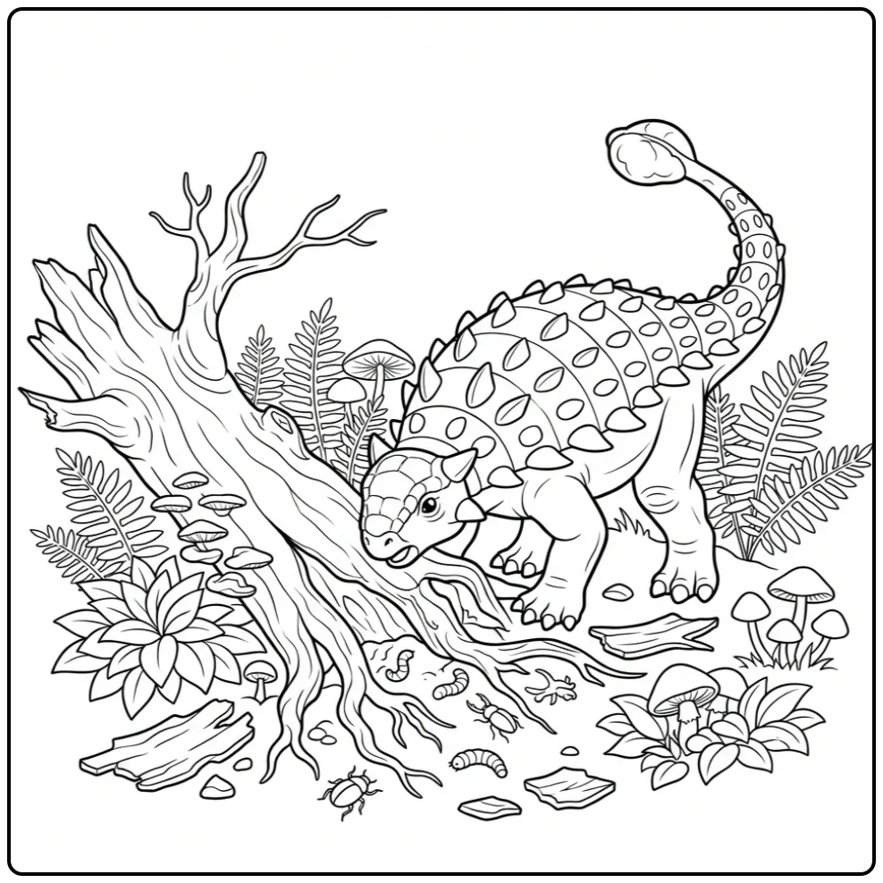 Ankylosaurus coloring page near a fallen tree