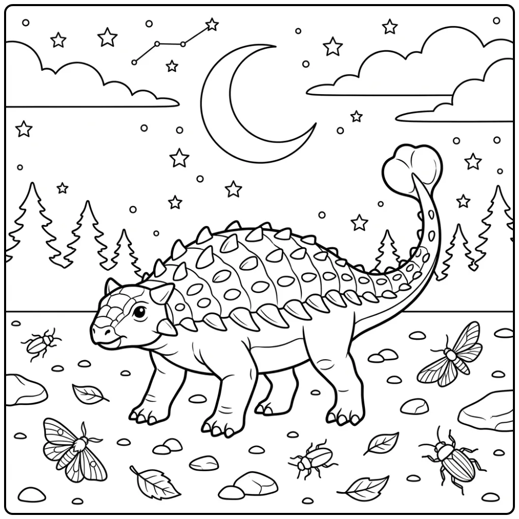 Nighttime Ankylosaurus coloring page under the stars