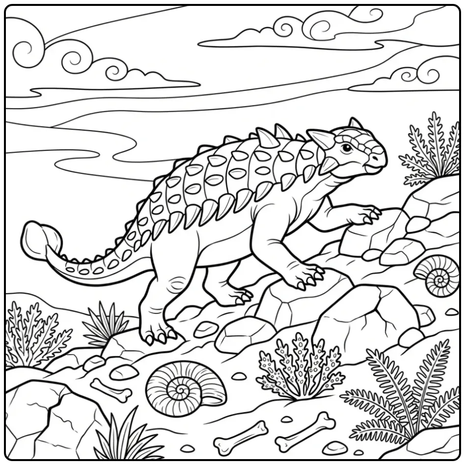 Ankylosaurus coloring page climbing rocks with fossils
