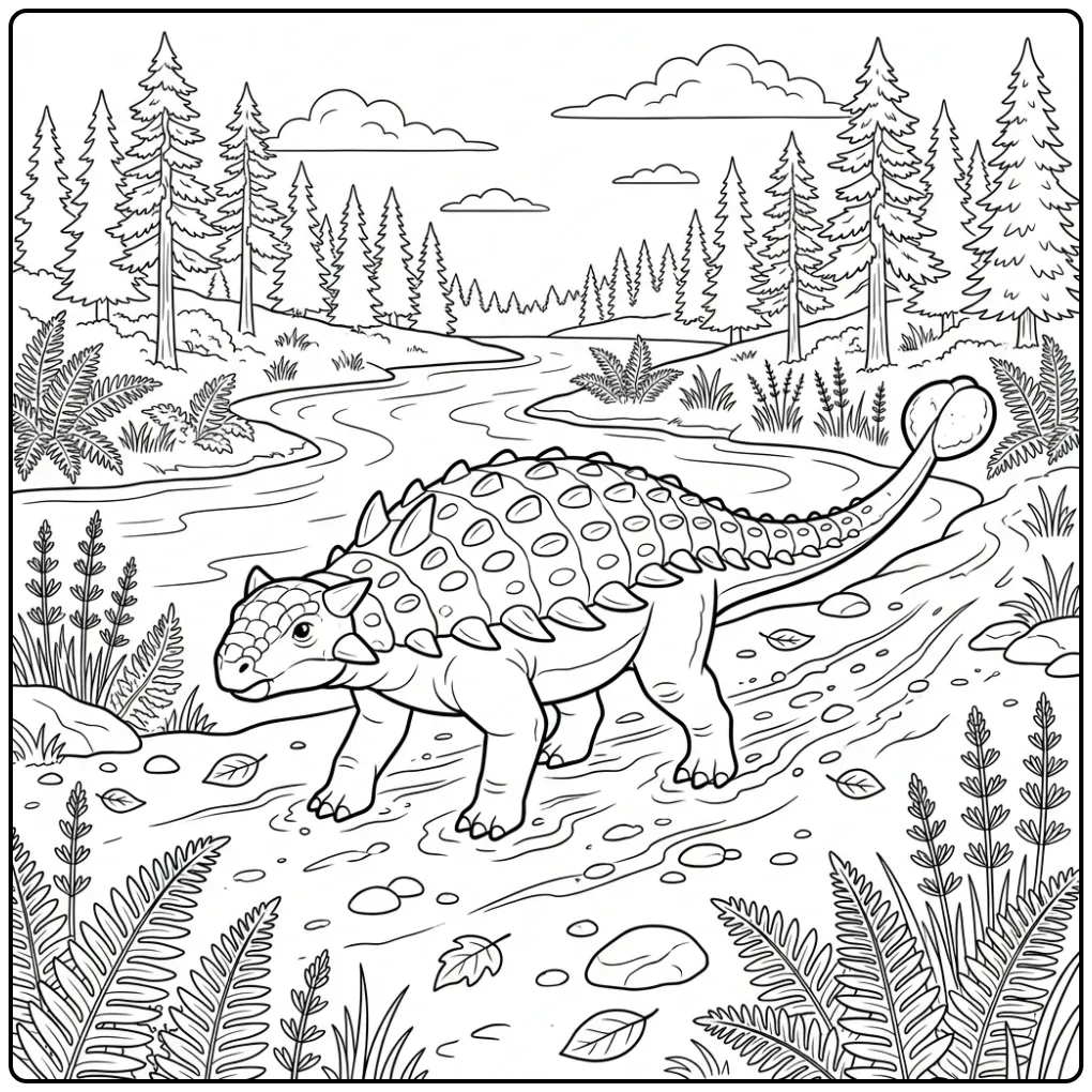 Ankylosaurus coloring page walking along a river