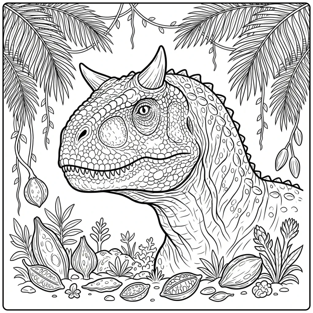 Close-up Carnotaurus coloring page with horns and vines