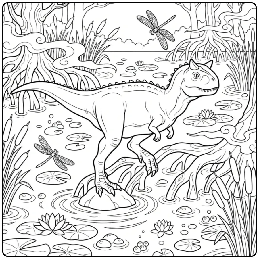 Carnotaurus coloring page in a swamp with roots