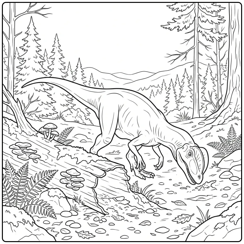 Detailed Dilophosaurus by a Tree Trunk coloring page