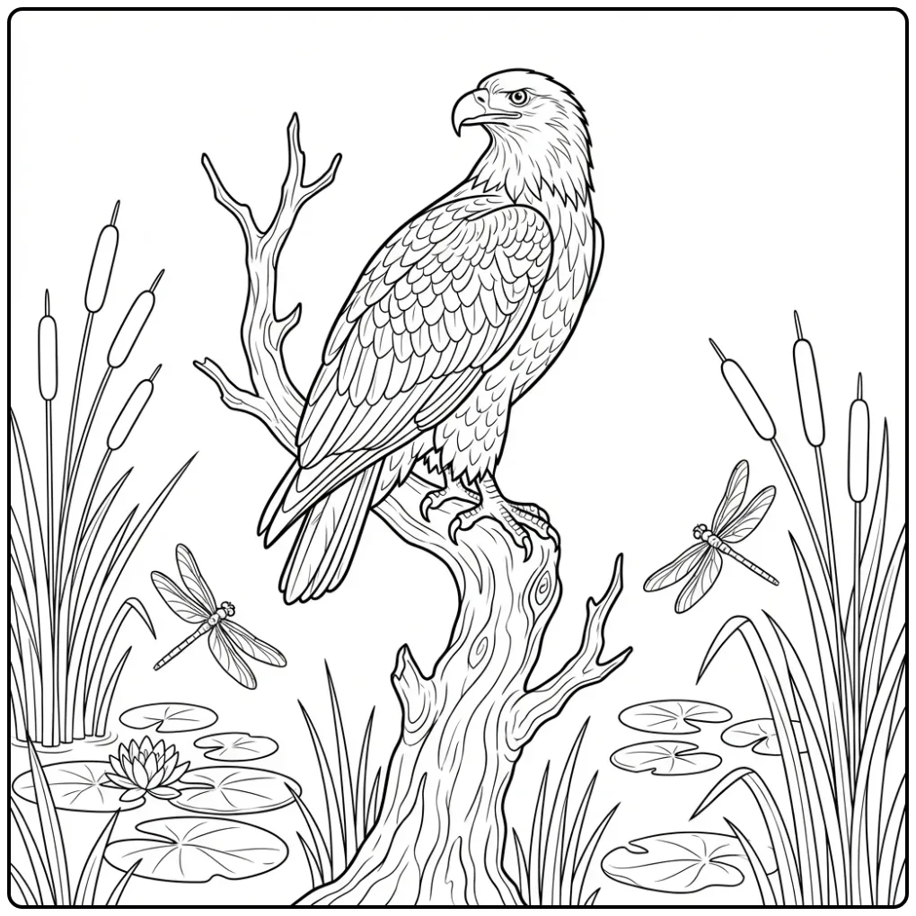 Detailed Eagle in a Marsh Landscape coloring page