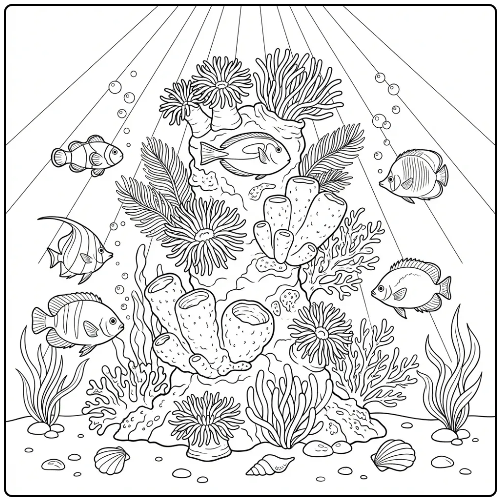 Detailed Fish Swimming Around a Coral Pillar coloring page