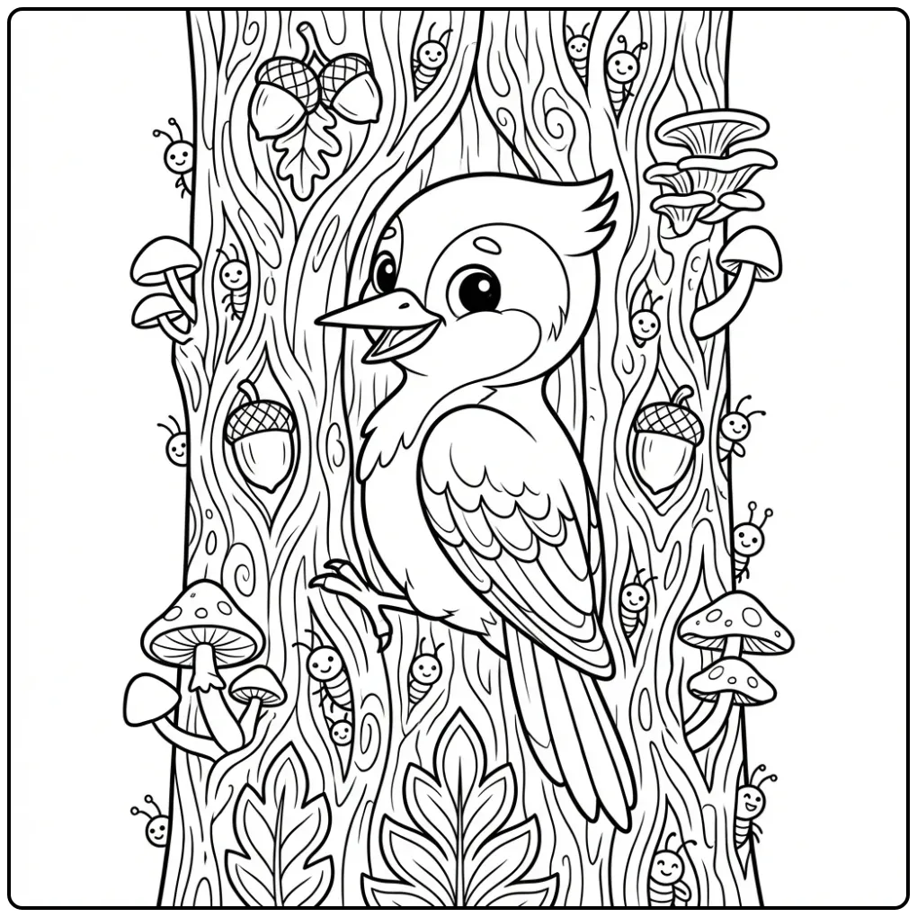 Detailed Woodpecker on a Tree coloring page