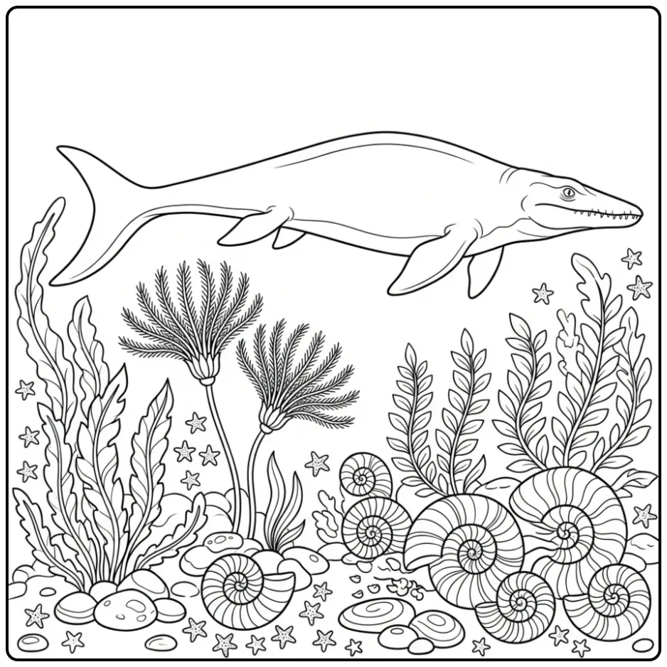 Mosasaurus coloring page swimming above sea lilies