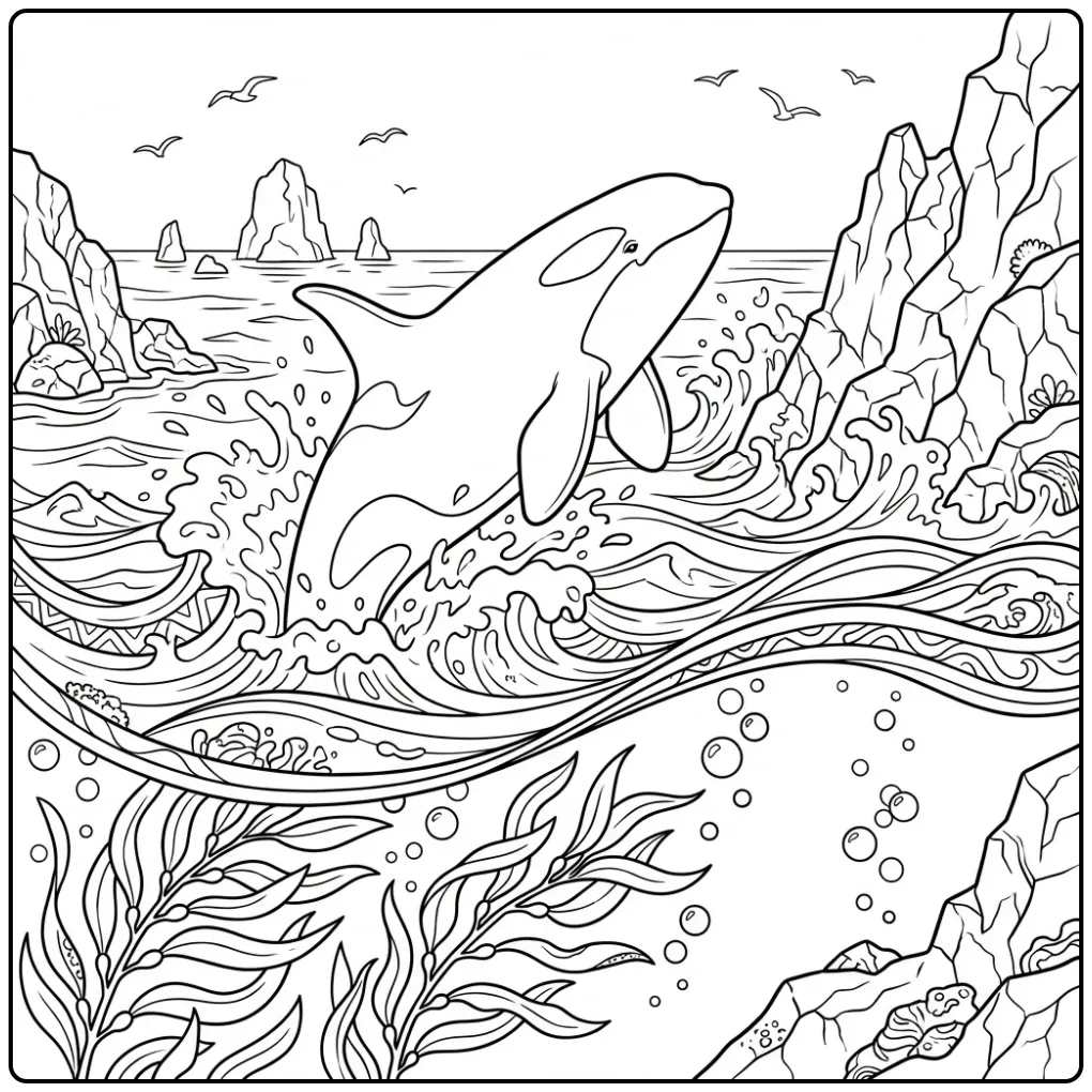 Detailed Orca with Waves and Seabirds coloring page