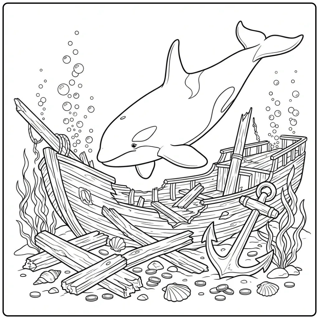 Detailed Orca by a Shipwreck coloring page