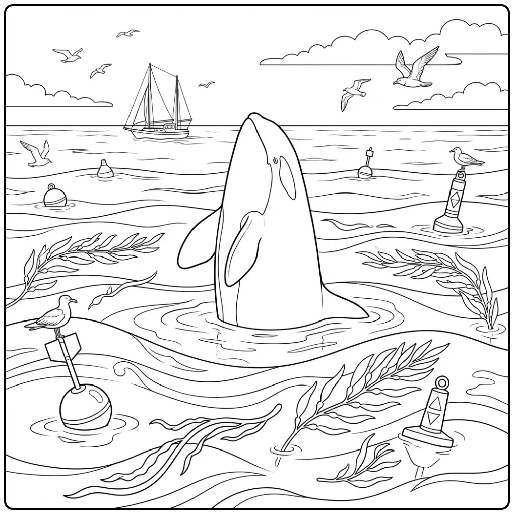 Detailed Orca Sailboat and Waves coloring page