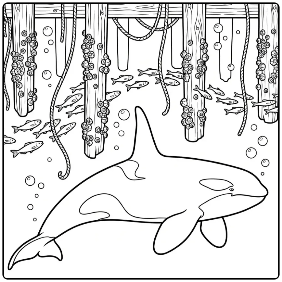 Detailed Orca Under a Pier with Fish coloring page