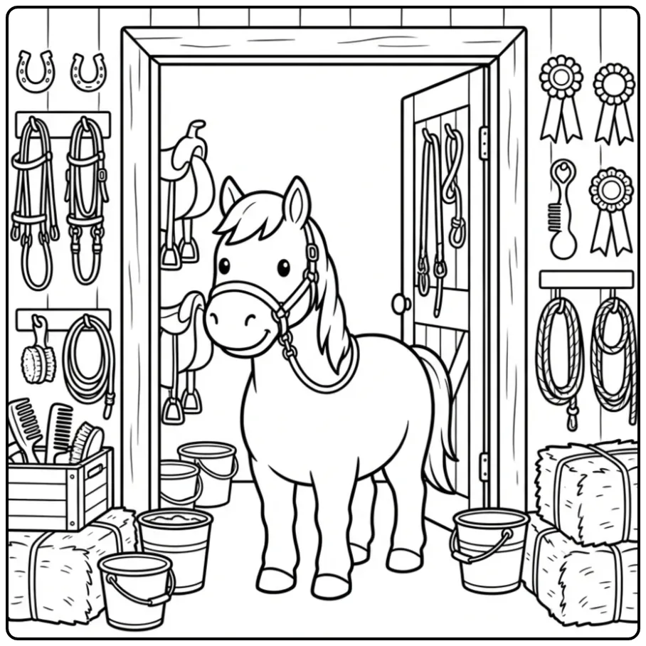 Detailed Horse in the Stable coloring page