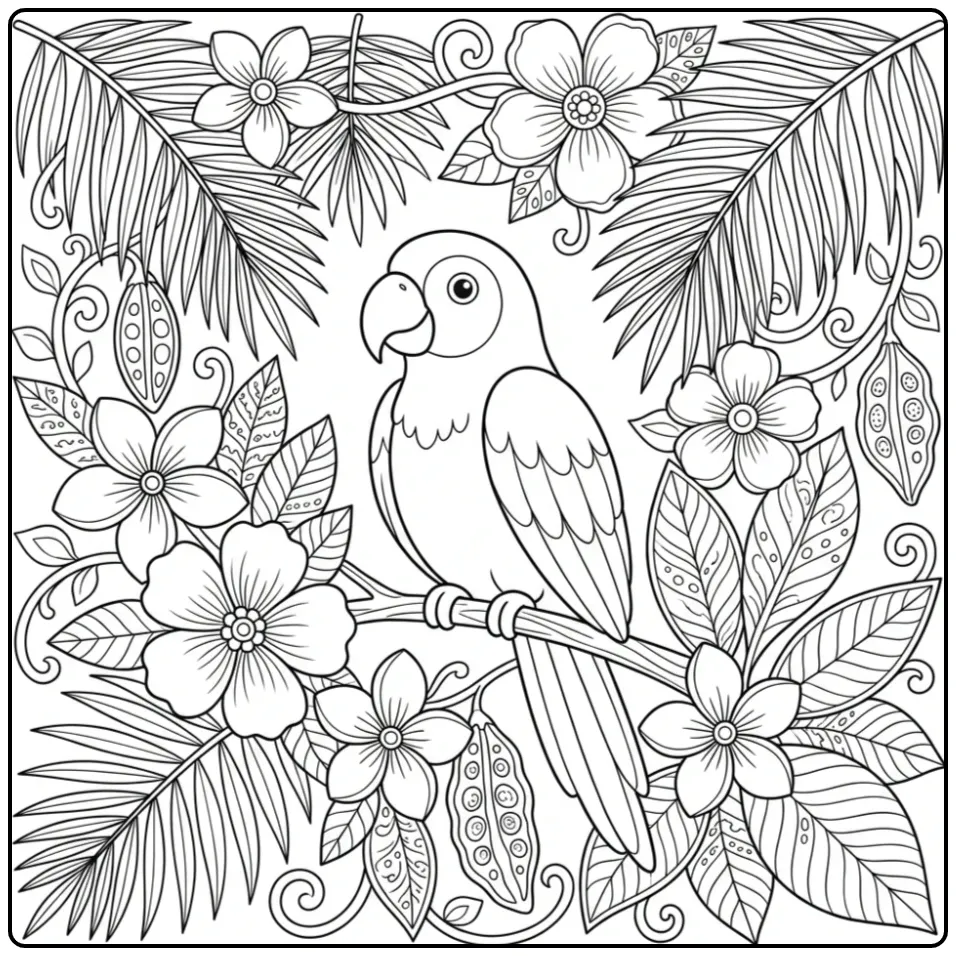 Detailed Parrot for Adults with Flowers coloring page