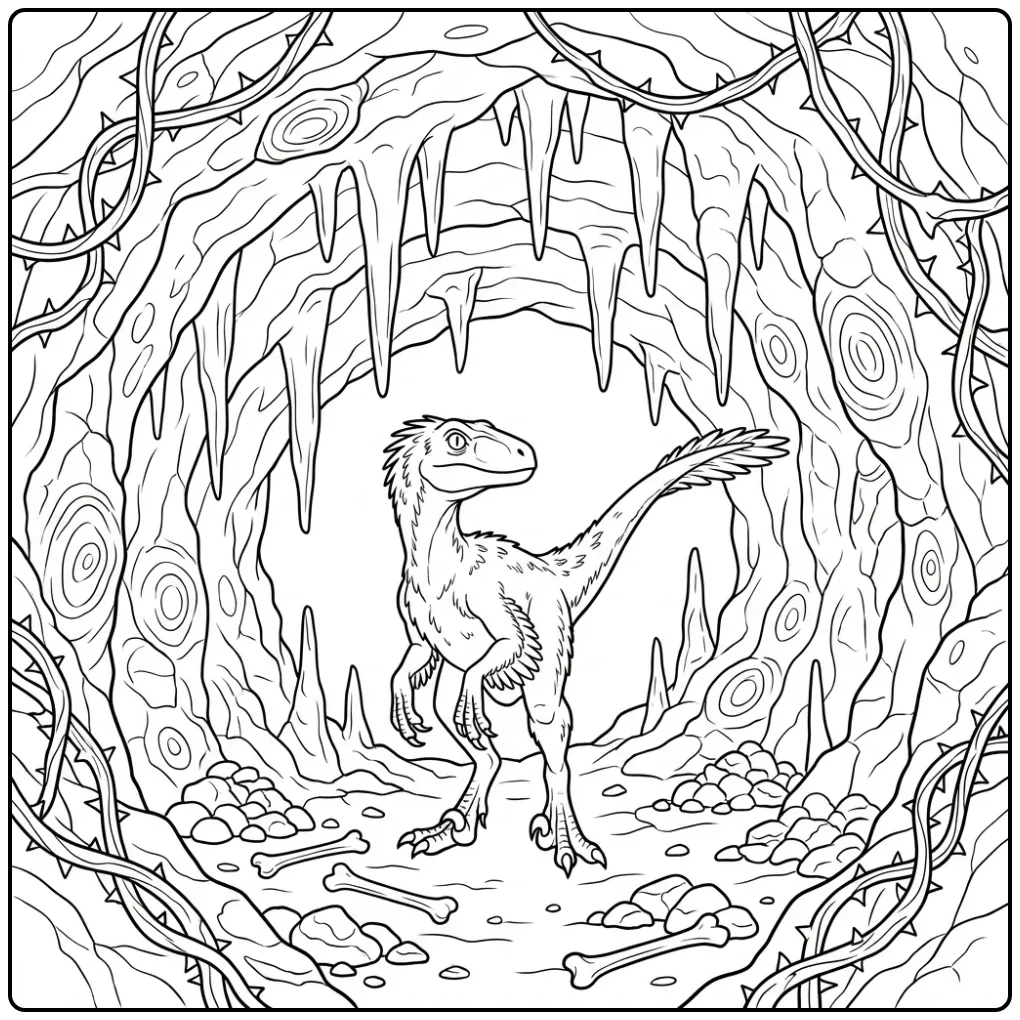 Detailed Raptor Exploring a Dark Cave coloring page